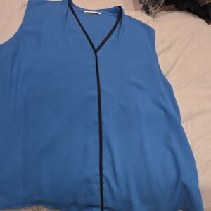 Calvin Klein Collection Blue V-Neck Sleeveless Shell with Black Trim